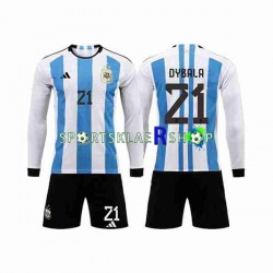 Argentina drakt 3 Stars Paulo Dybala 21 Hjemmetrøye Lang erm VM 2022 , Barnesett